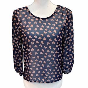 Paper Crane Valentine Heart Top Semi-Sheer 3/4 Length Sleeve Navy Pink S